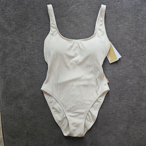 Michael Kors Women's bone Ribbed Square Tank One Piece Swimwear Swimsuit Size 8 - Picture 2 of 14